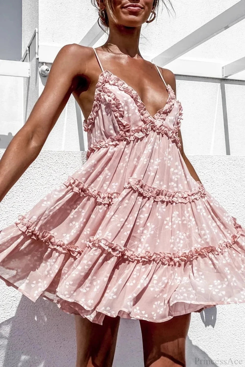 Spaghetti Strap Floral Lace Trim Sundress Flared Ruffled Prairie Summer Dress floraldress-250126