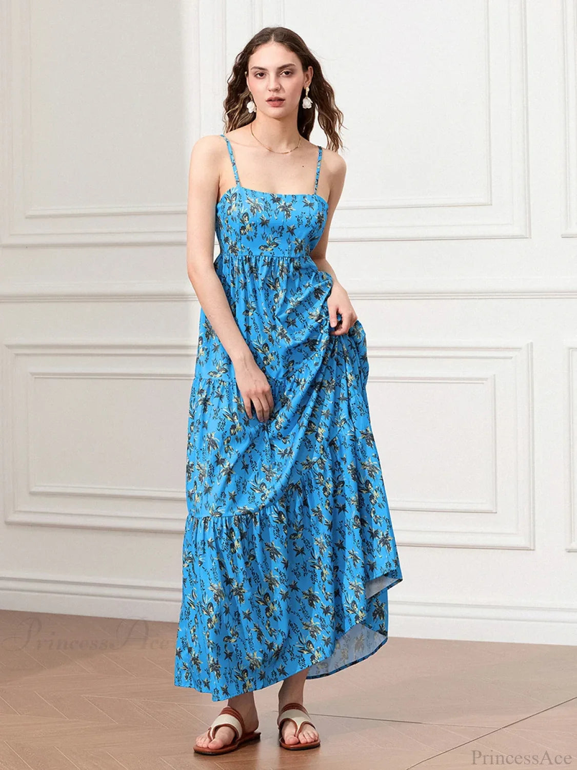 Spaghetti Strap Ruched Backless A-Line Beach Vacation Floral Dress floraldress-250126