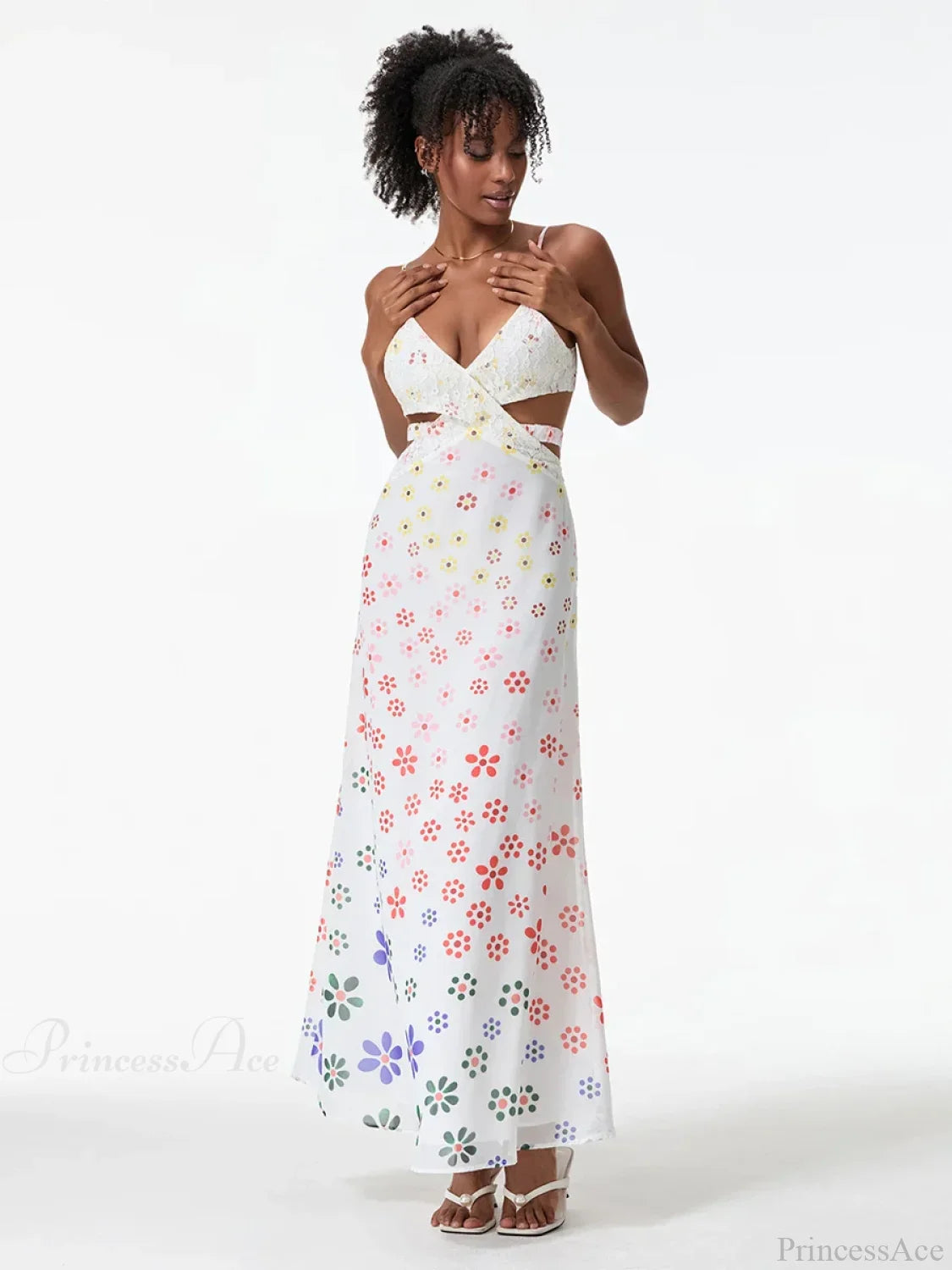 Spaghetti Straps Elegant Backless Bow Cross Floral Dress floraldress-250126