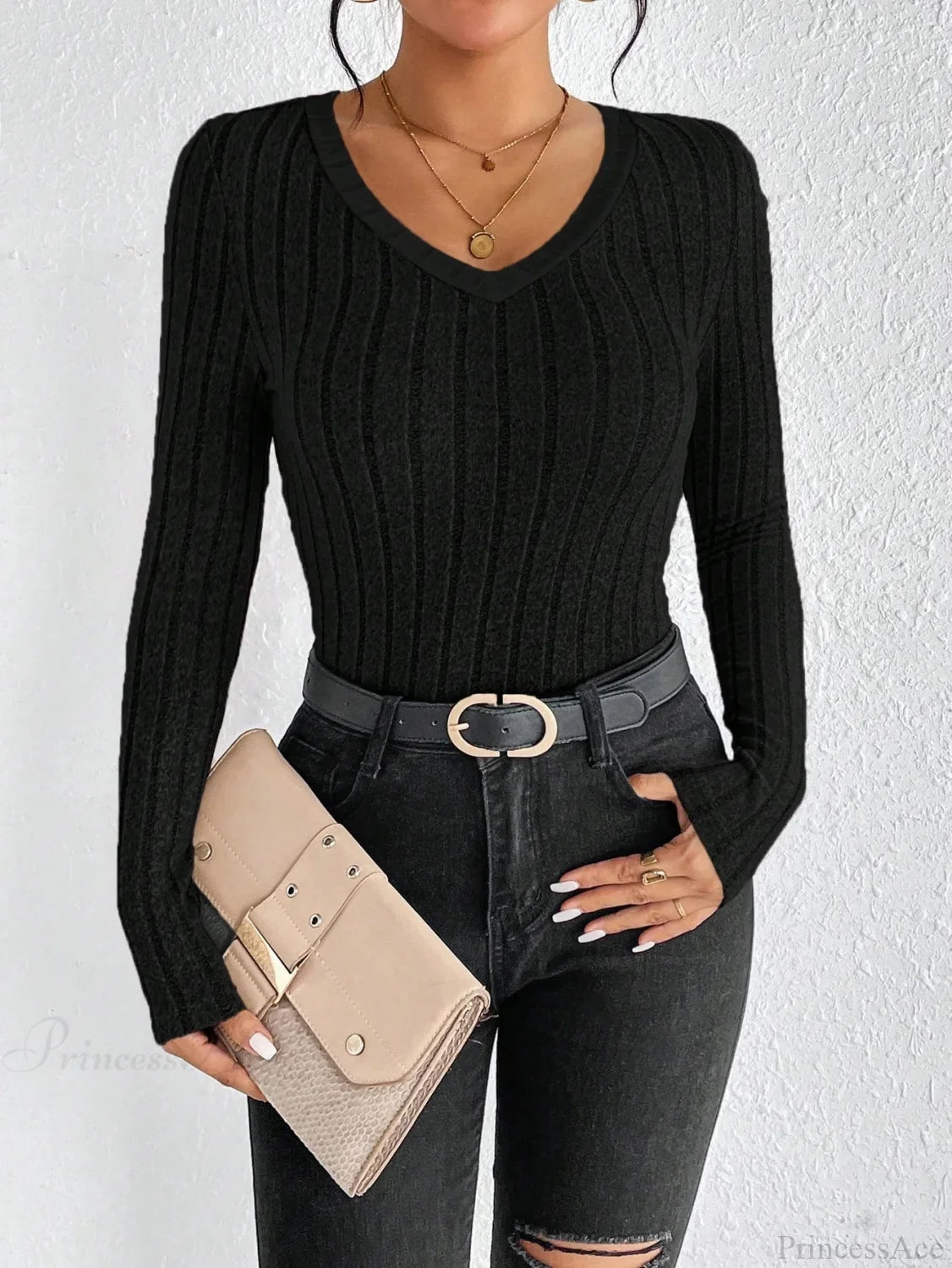 Spice Girl Sexy Thin V-Neck Design Personality T-shirt Women black / XS knittop-250126