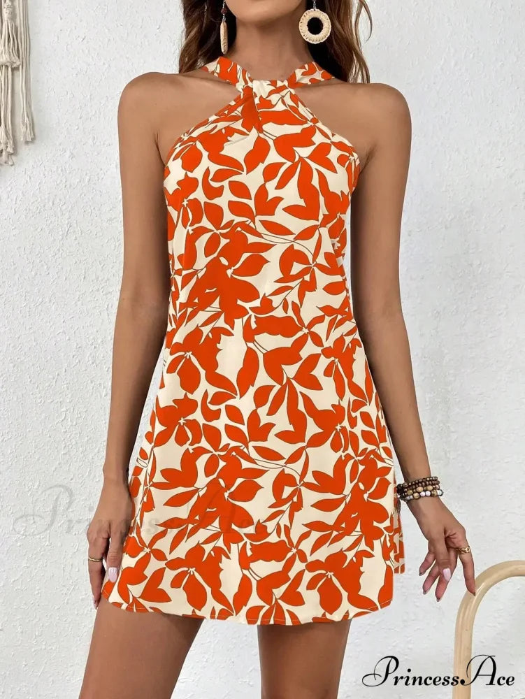 Spring/2024 New Print Halter Off-The-Shoulder Denim Dress Floral Orange Color / S