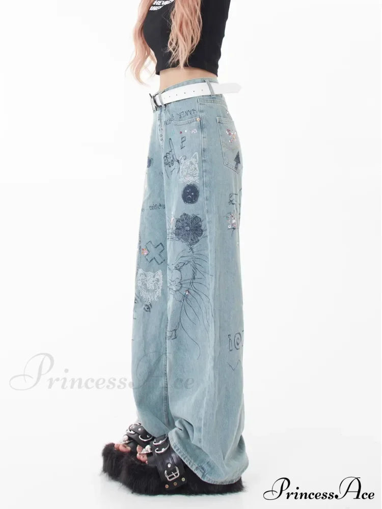 Spring And Autumn New Small Market Design Sense Personalized Print Graffiti Straight Women’s Jean