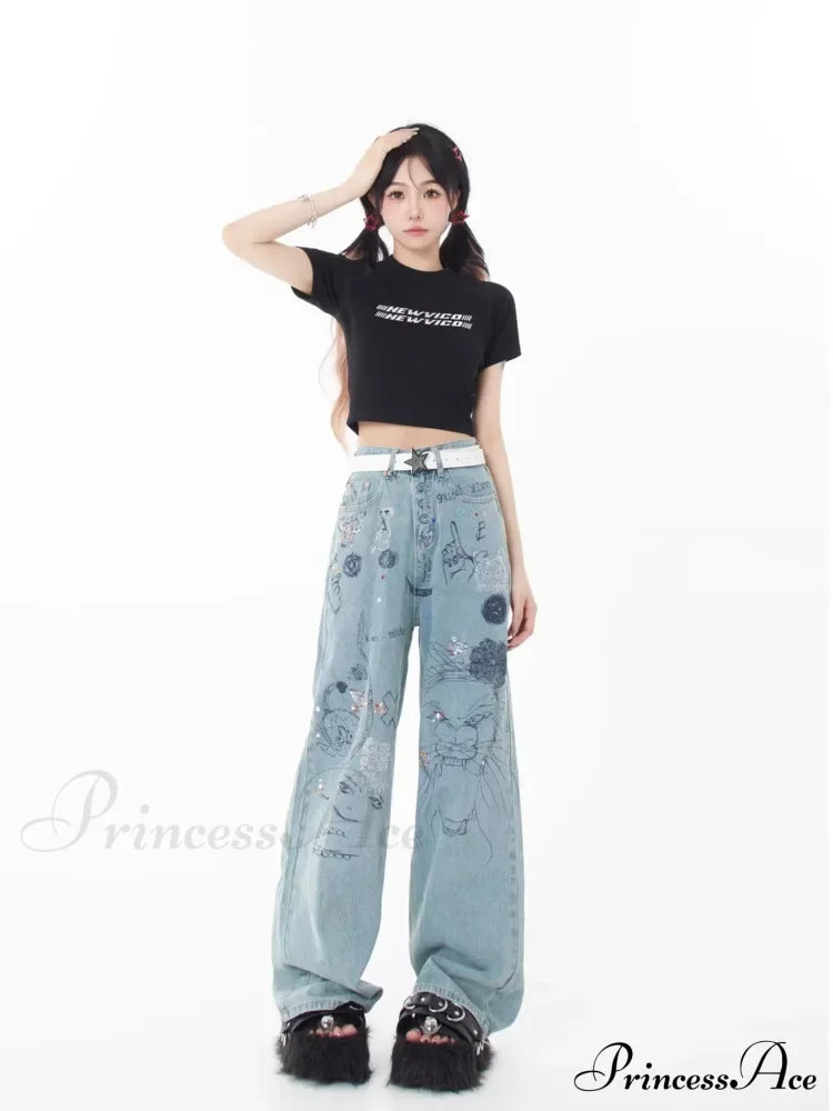 Spring And Autumn New Small Market Design Sense Personalized Print Graffiti Straight Women’s Jean