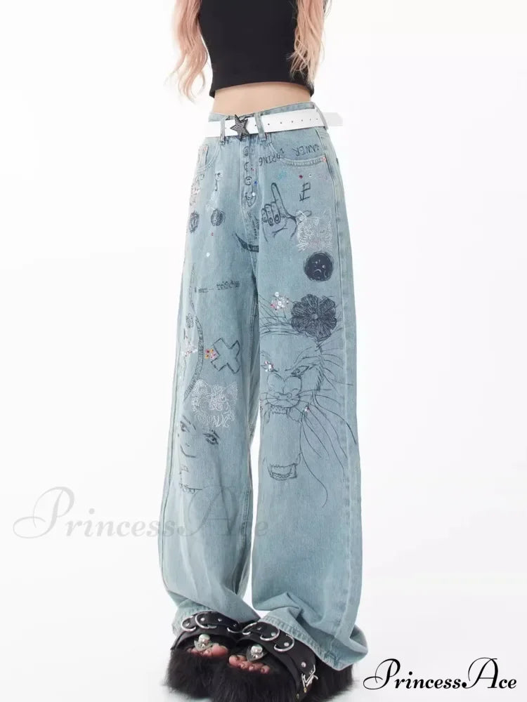 Spring And Autumn New Small Market Design Sense Personalized Print Graffiti Straight Women’s Jean