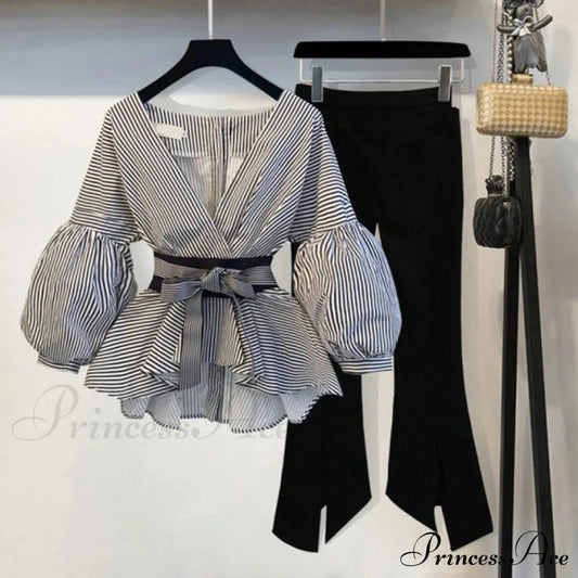 Spring Women’s Bow Pants Lantern Flare Black + Striped Split Warm-Season Blouse Arm Set 2Pcs Set / S