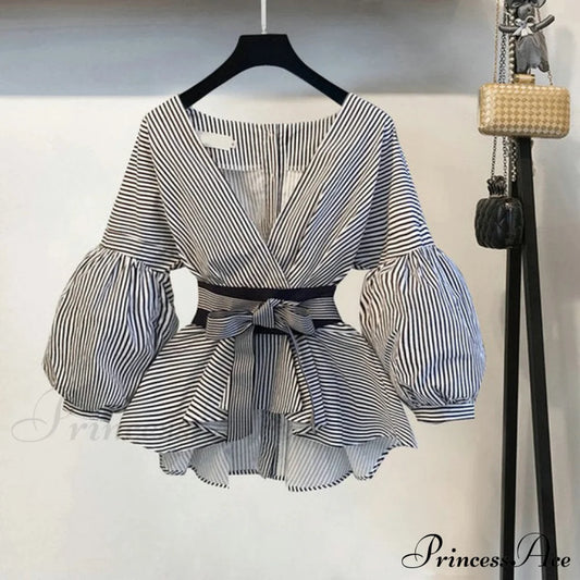Spring Women’s Bow Pants Lantern Flare Black + Striped Split Warm-Season Blouse Arm Set Only