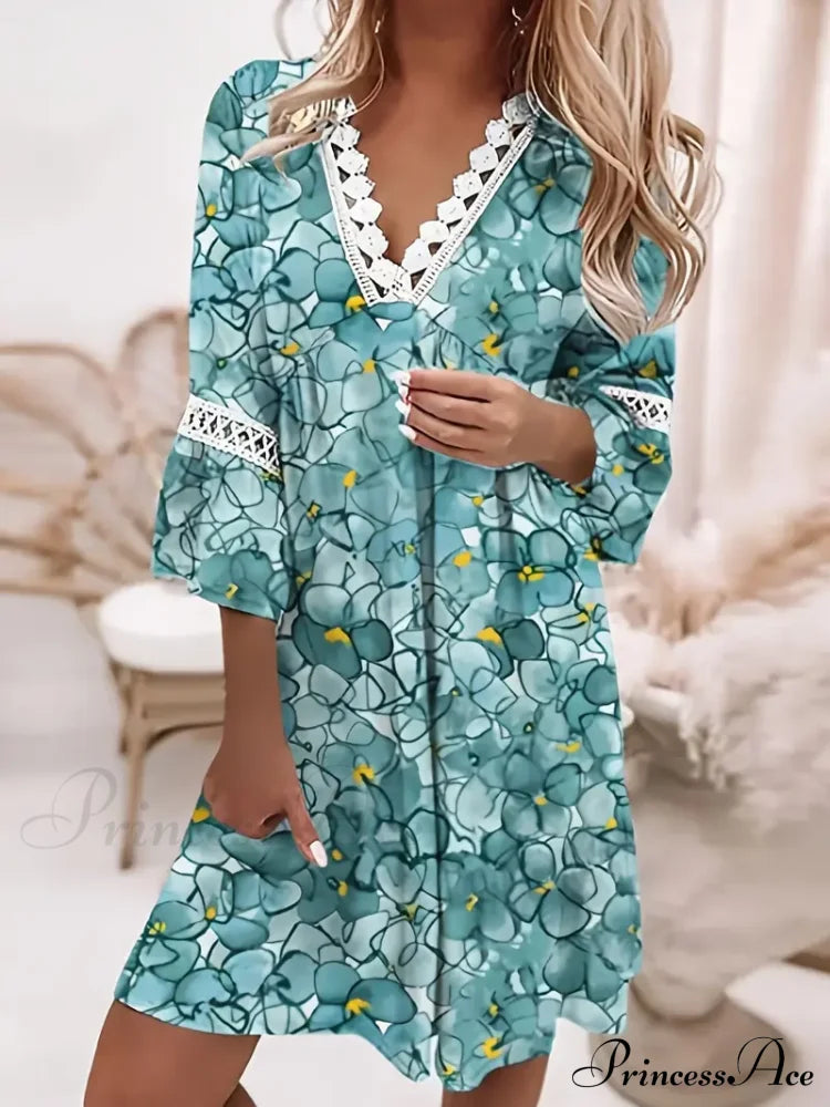 Stitching Lace And Design Gown With V Bohemian Flowered Neck S / Khaki Pink V Neck Maxi Dress