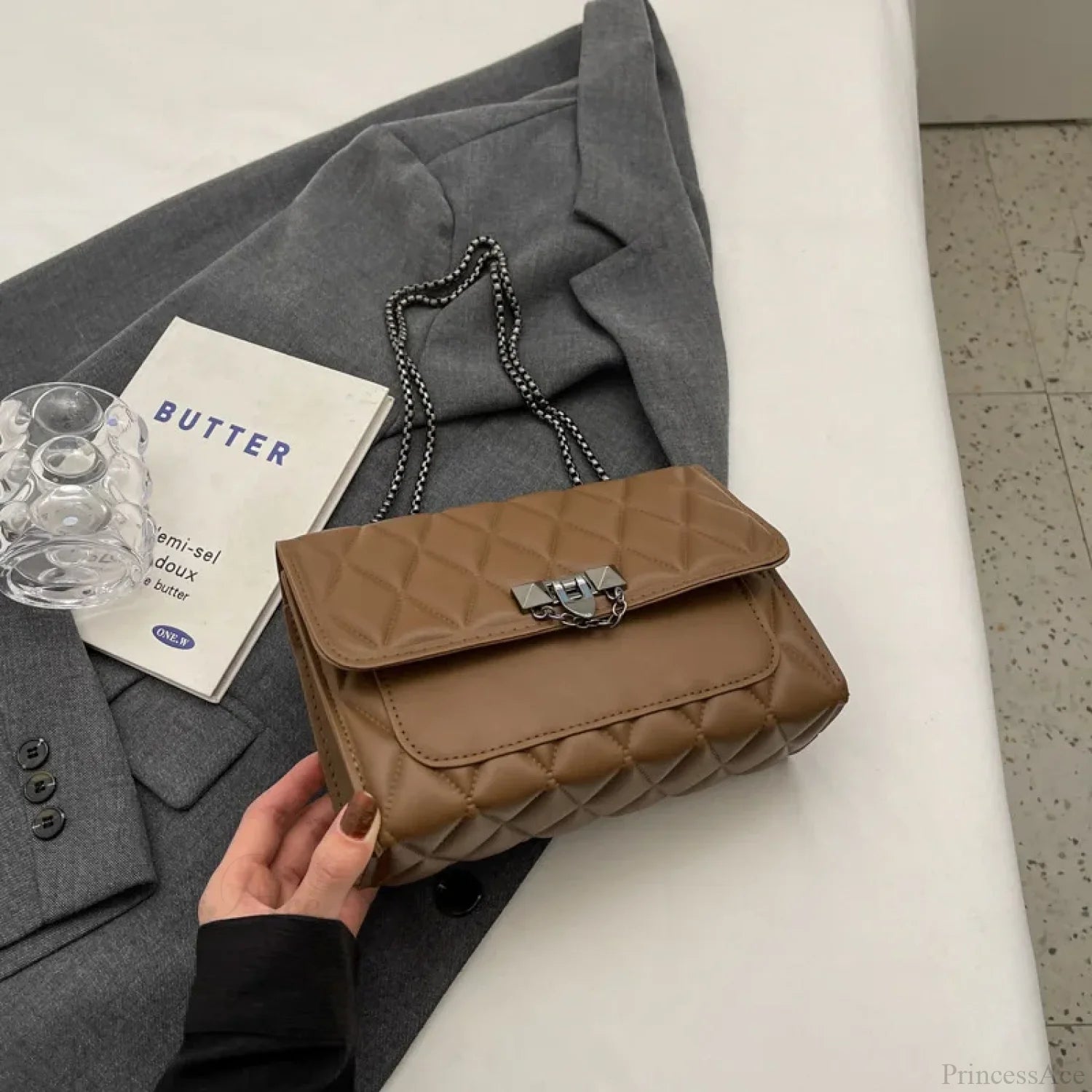 Stylish Diamond Grid Crossbody Shoulder Bag Coffee color shoulder-250126