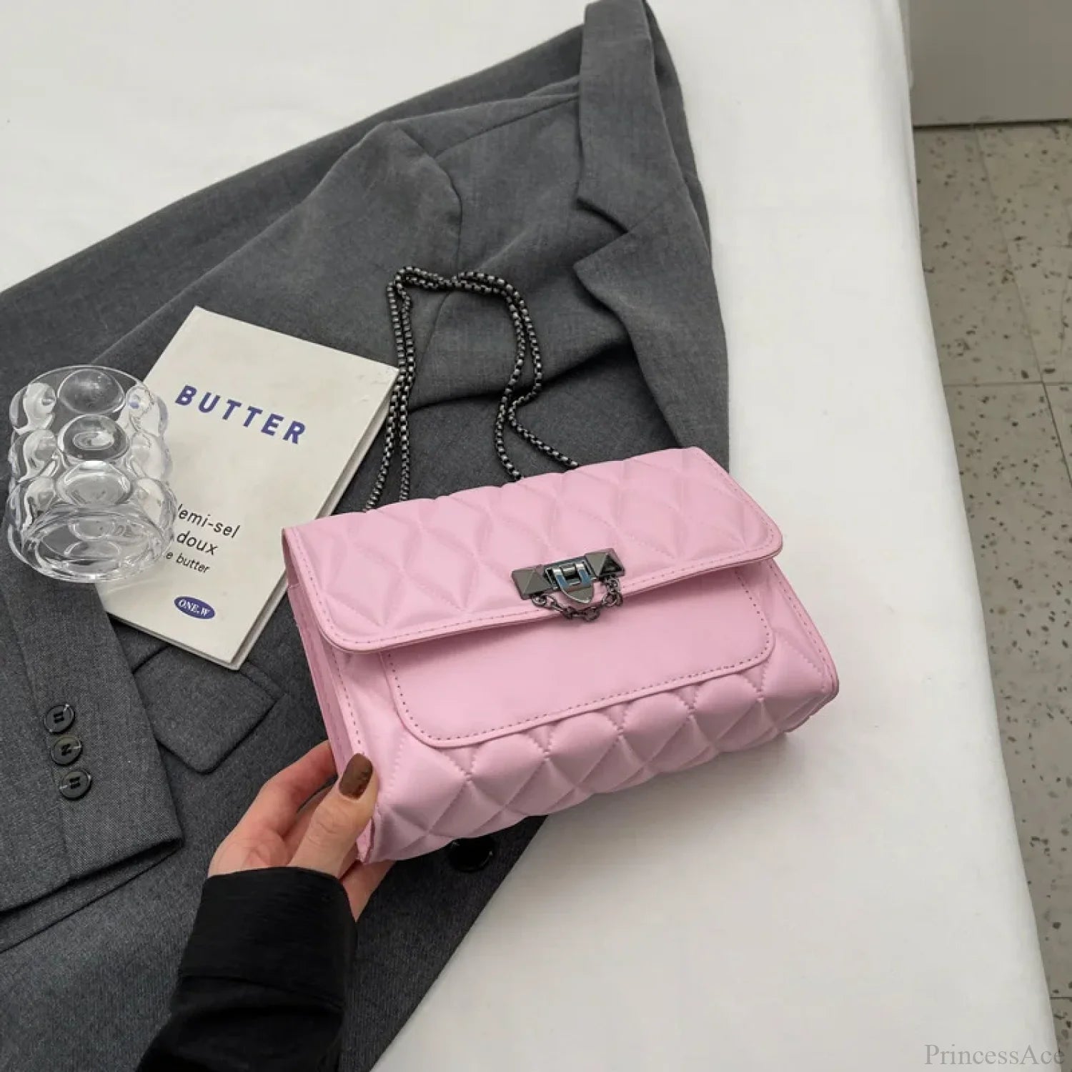 Stylish Diamond Grid Crossbody Shoulder Bag Pink shoulder-250126