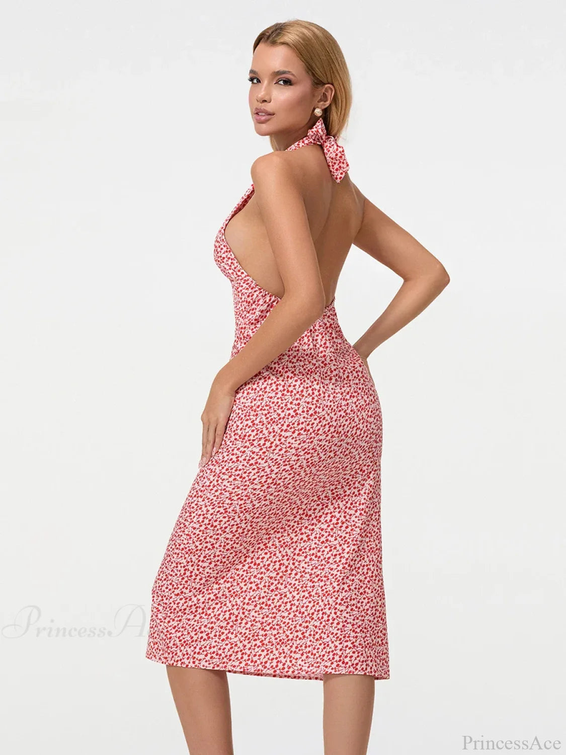 Summer Floral Backless Tie-Up Halter Neck Midi Party Floral Dress floraldress-250126
