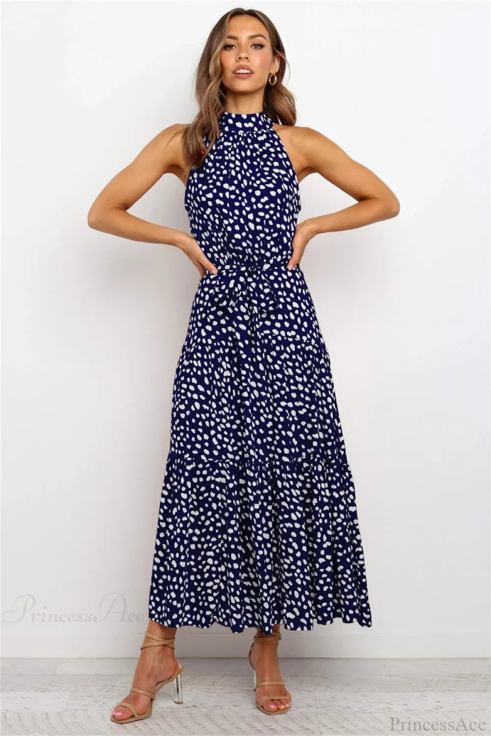 Summer Floral Print Halter Neck Beach Floral Dress Blue Dot / S oldfloraldress-250126