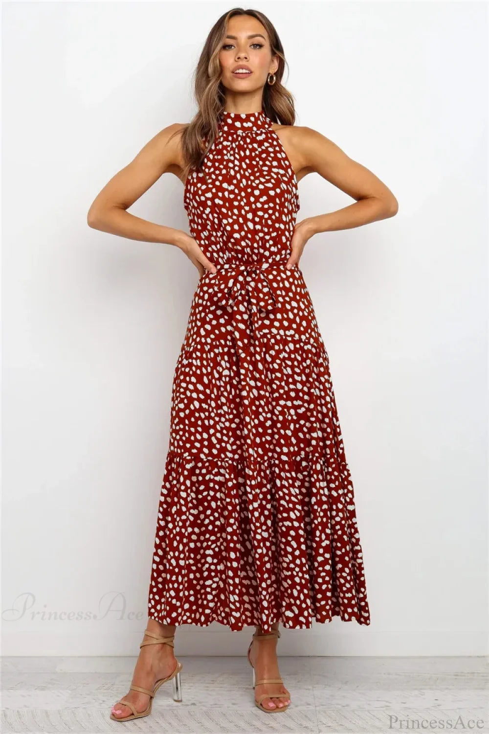 Summer Floral Print Halter Neck Beach Floral Dress Red Dot / S oldfloraldress-250126