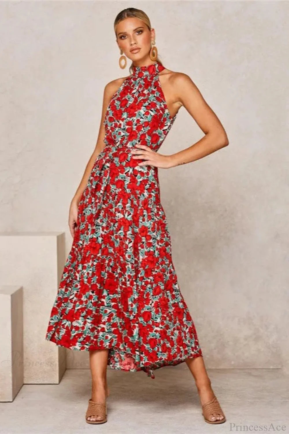 Summer Floral Print Halter Neck Beach Floral Dress Red Green / S oldfloraldress-250126