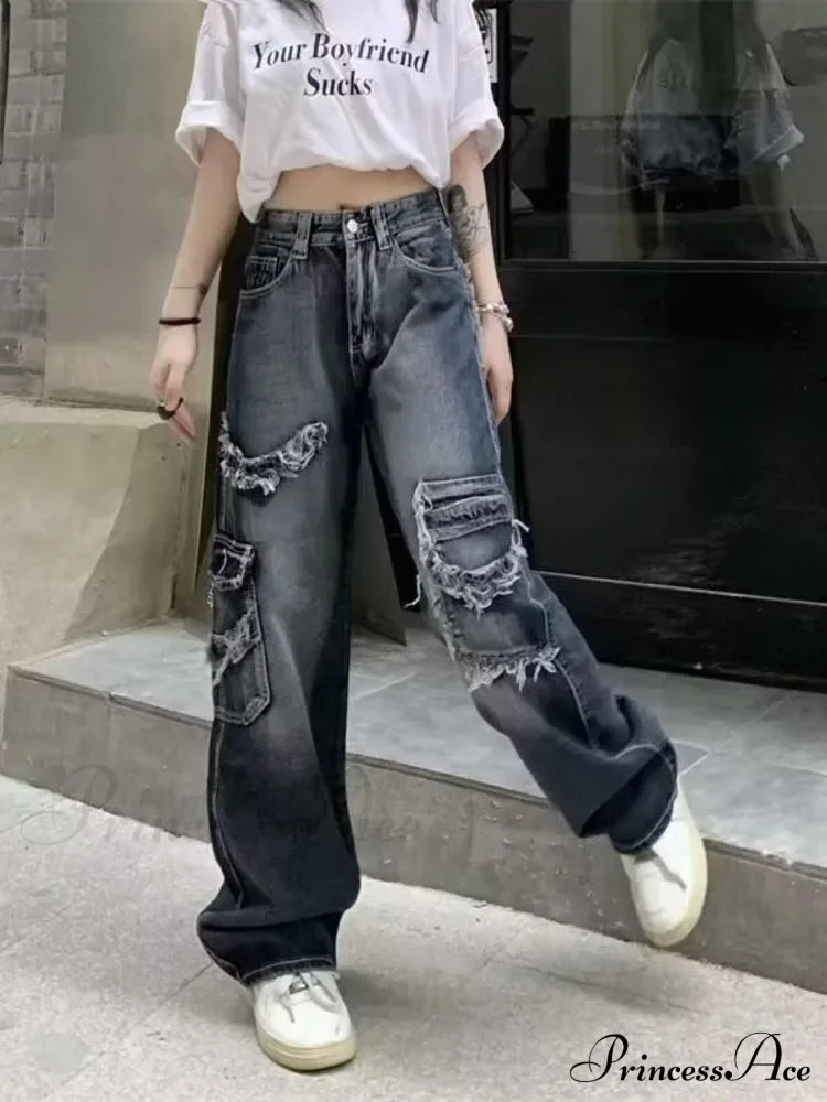 Summer Vintage Washed And Worn Out Versatile Straight Drop High Waist Wide Leg Women’s Jean