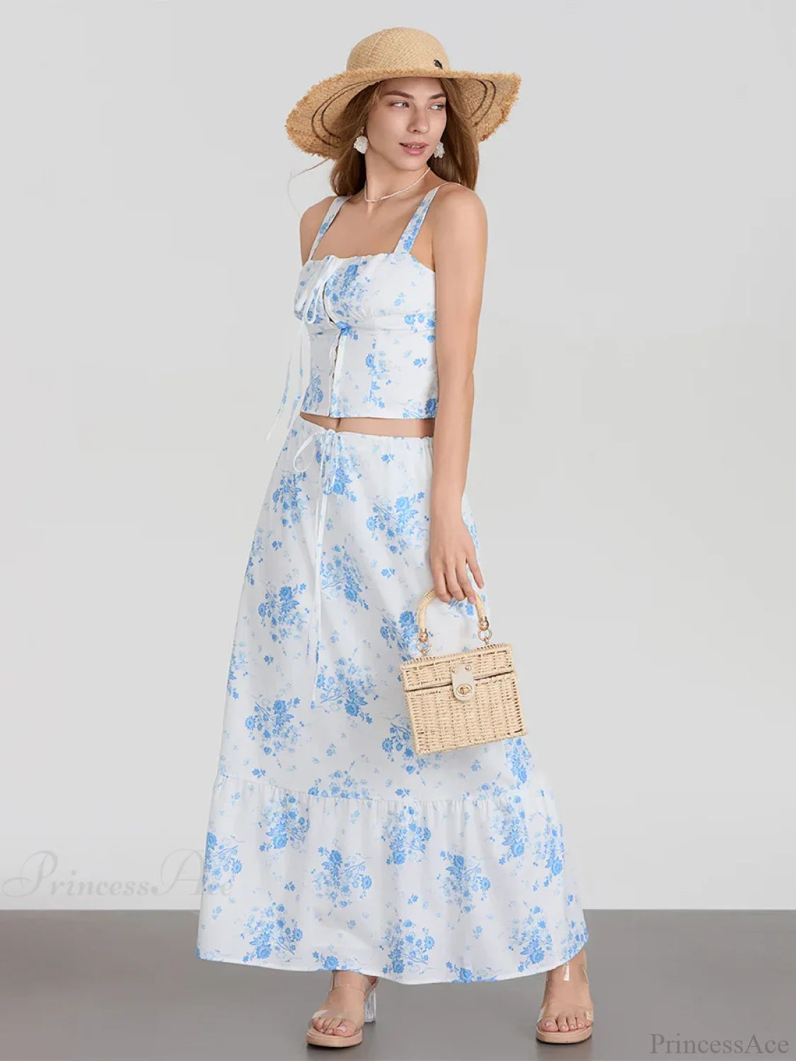 Suspender Crop Tank Top Drawstring A-line Skirt Floral Dress floraldress-250126