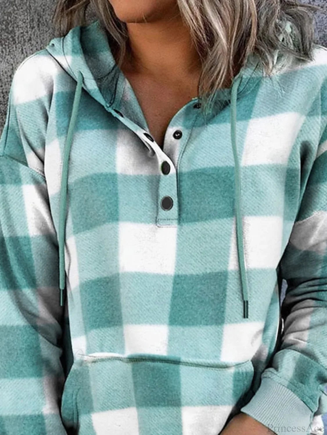 Sweatshirt Hoodie And Women’s Front Button Drawstring Plaid With Pocket