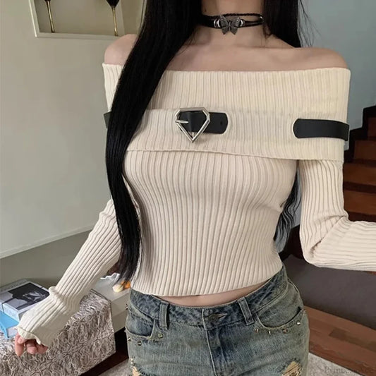 Sweet Off Shoulder Ribbed Crop Long Sleeve Slim Fit Knit Top Beige / One Size knittop-250126