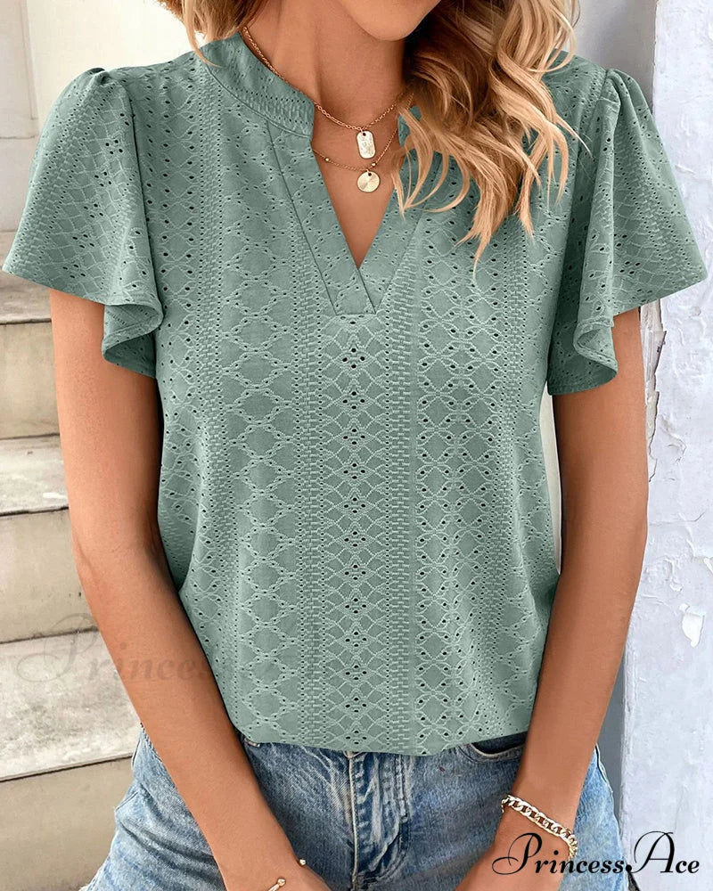 V-neck Ruffle Sleeve T-shirt Green 23BF clothes Short Sleeve Tops Spring Summer T-shirts Tops/Blouses
