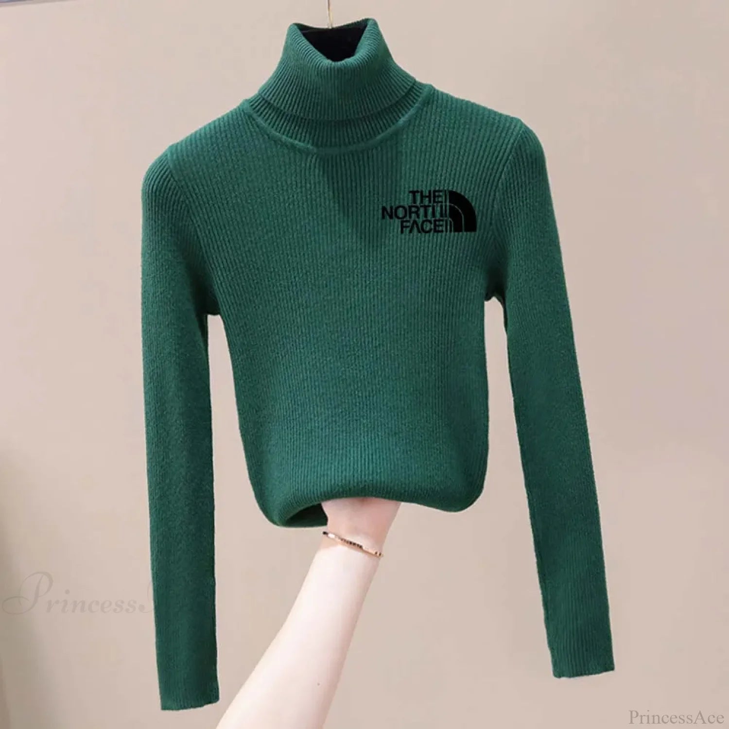 Thick Ribbed Sweater Cotton Turtleneck Knit Pullover Top Dark green black / One Size knittop-250126