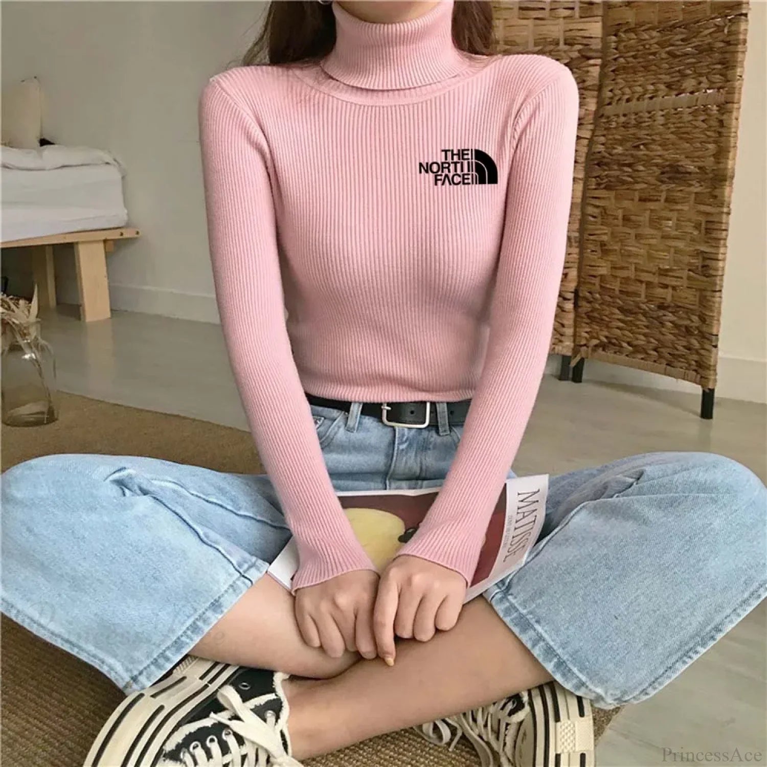 Thick Ribbed Sweater Cotton Turtleneck Knit Pullover Top pink black / One Size knittop-250126