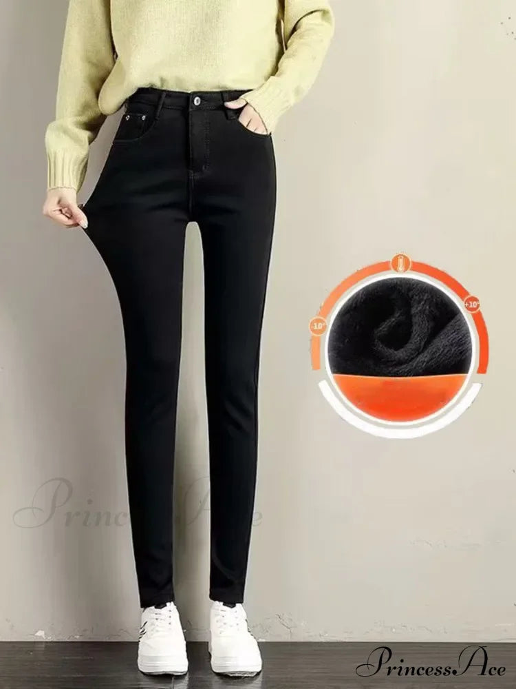 Thickened Plush High Waist Elastic Slim Pencil Winter Wool Insulation Fur Jean Black Velvet Black /