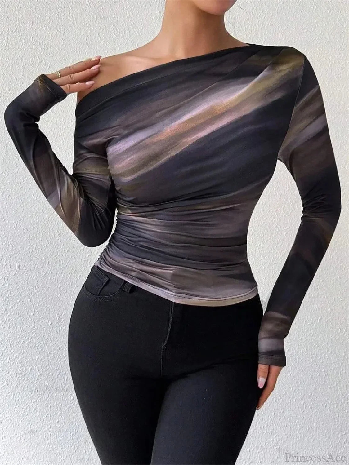 Tie-dye One Shoulder Slim Fit Long Sleeve Knit Top knittop-250126