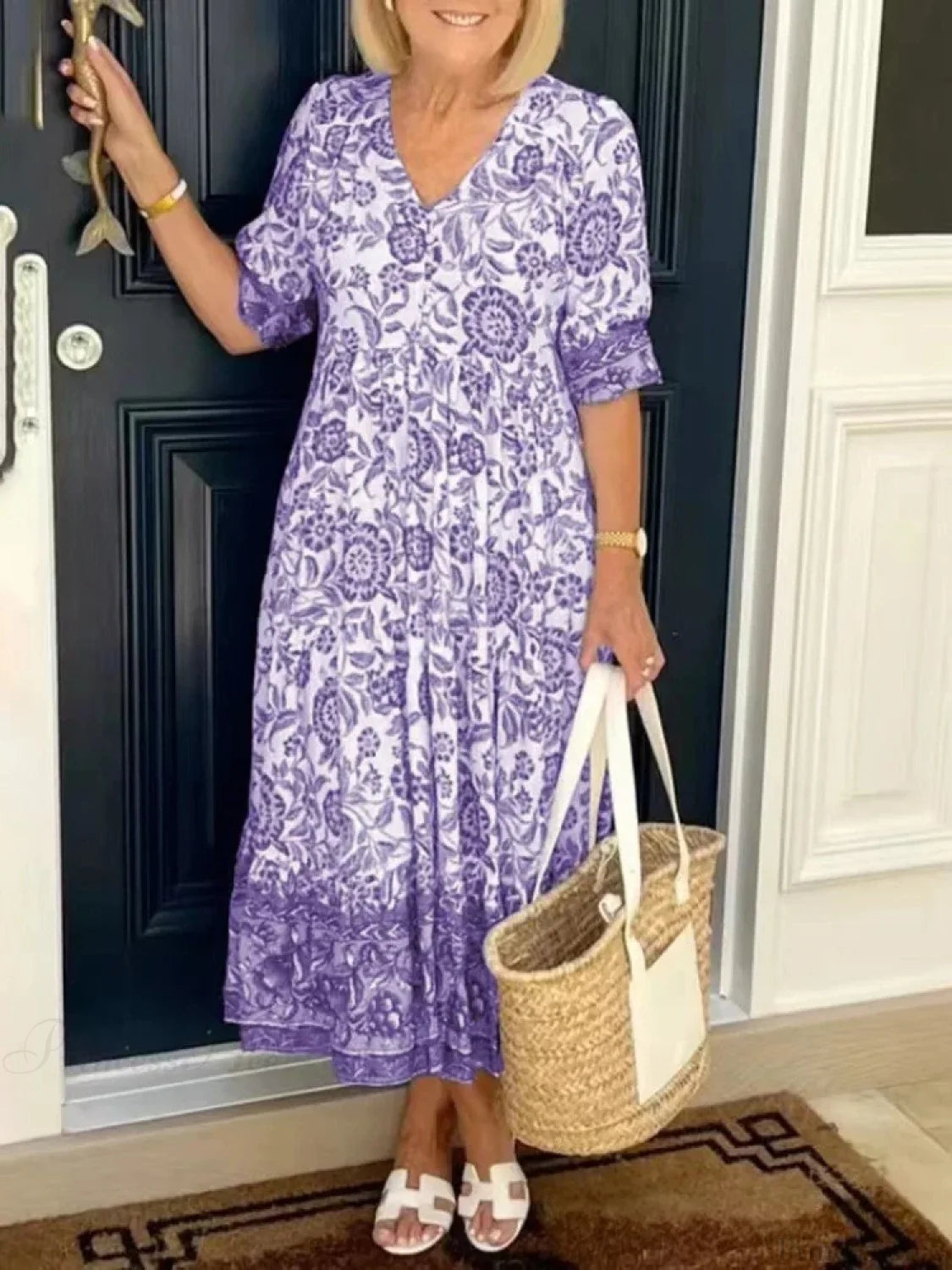 Tie-dye V-neck Floral Dress Plus Size Loose Summer Dress PURPLE / S oldfloraldress-250126