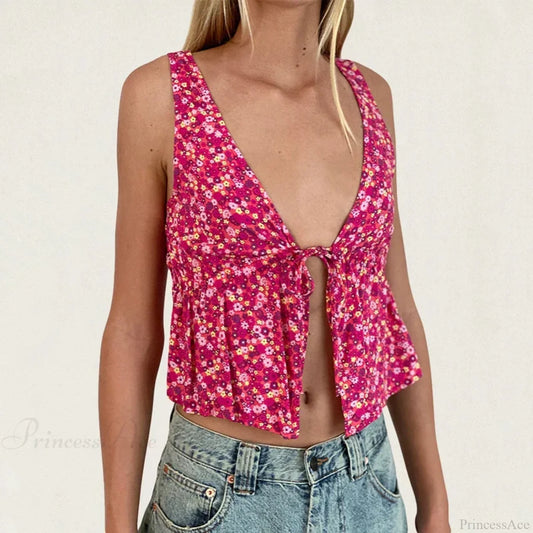 Tie Front Underbust Drawcord Floral Print V Neck Sleeveless Fairy Backless Crop Top RED / S croptop-250126