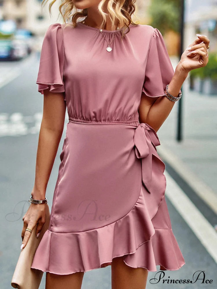 Tie Gown Color Solid Ruffle Waist For Women Pink / S