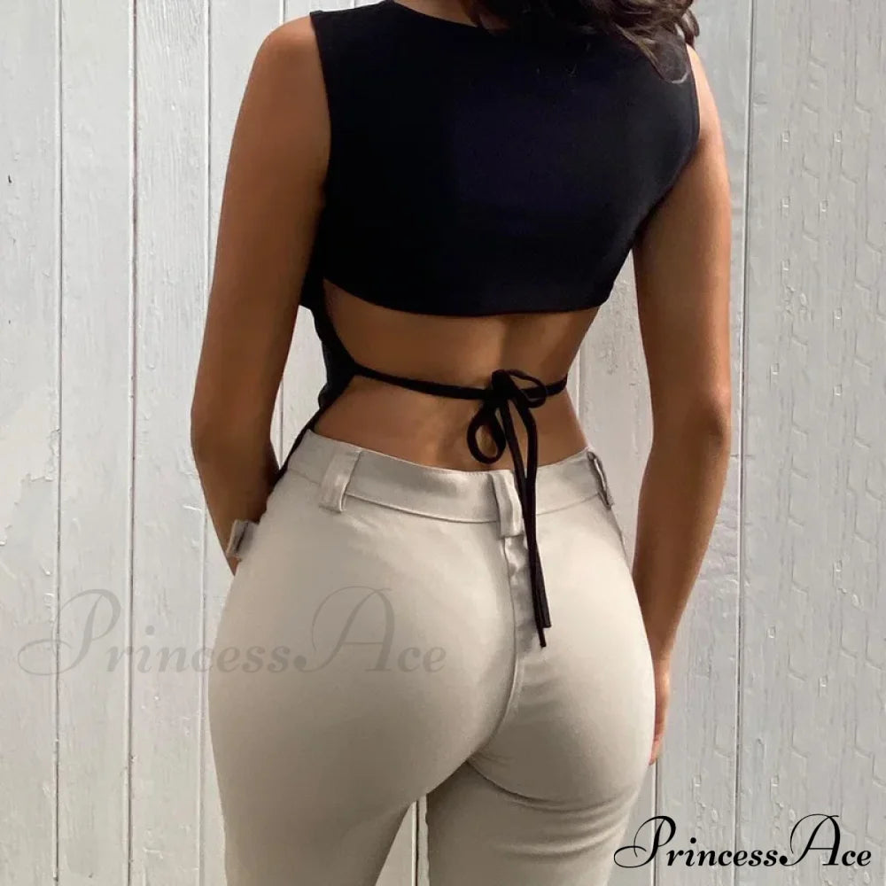 Tied Backless Solid Sleeveless Crop 2024 Summer Sexy Skinny Simple Trim Outfits Mock Neck Basic