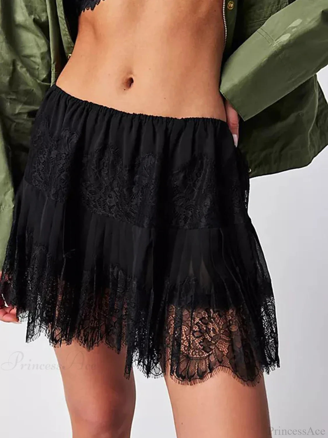Tiered Lace Mini Pleated Skirt Black / S