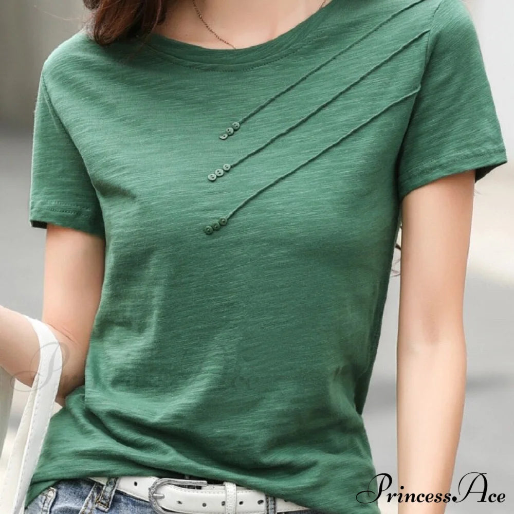 Tops Loose Tee-Shirts Blue Ribbed Warm-Season Cotton T-Shirts Casual Button O-Neck Fashion Korea