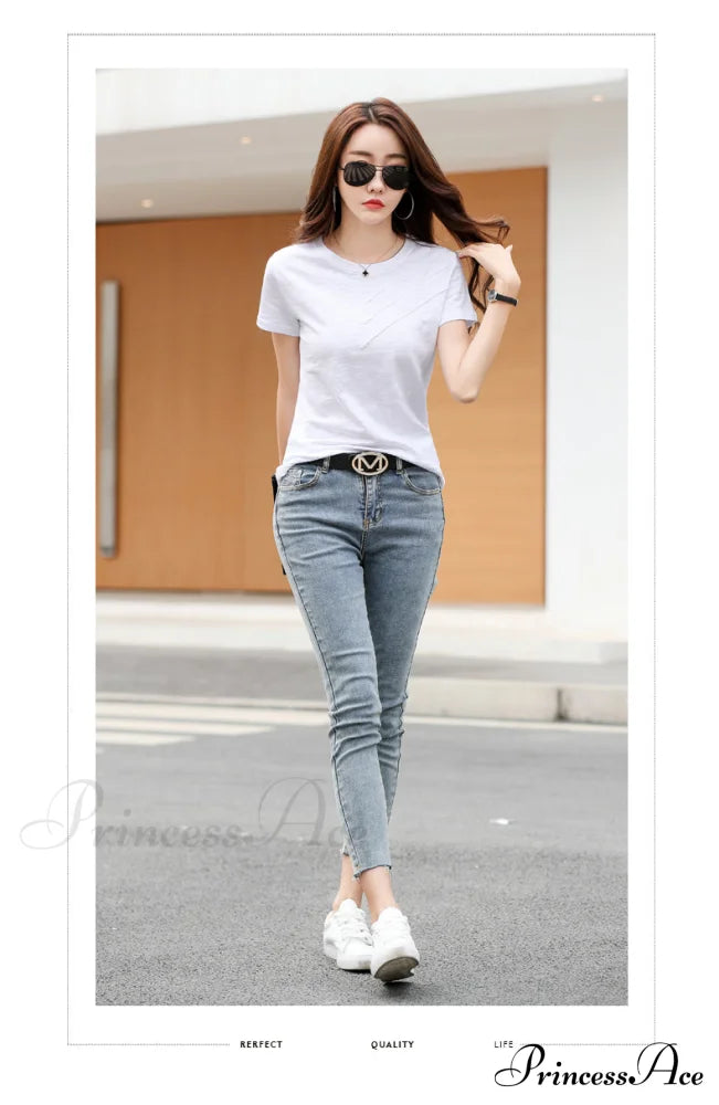 Tops Loose Tee-Shirts Blue Ribbed Warm-Season Cotton T-Shirts Casual Button O-Neck Fashion Korea