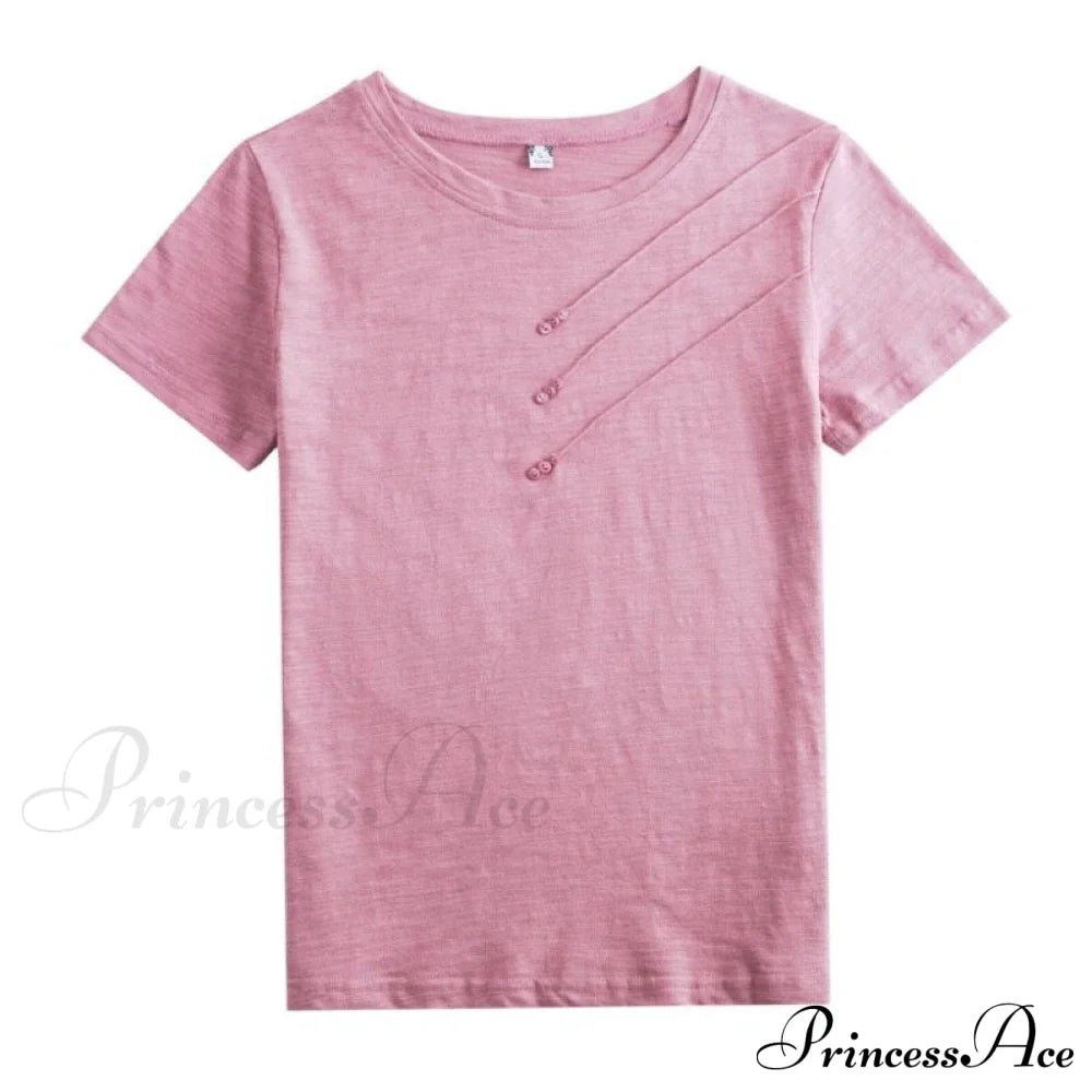 Tops Loose Tee-Shirts Blue Ribbed Warm-Season Cotton T-Shirts Casual Button O-Neck Fashion Korea