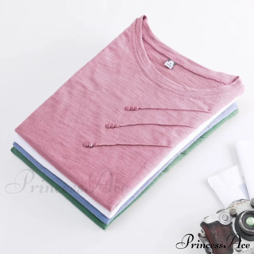 Tops Loose Tee-Shirts Blue Ribbed Warm-Season Cotton T-Shirts Casual Button O-Neck Fashion Korea