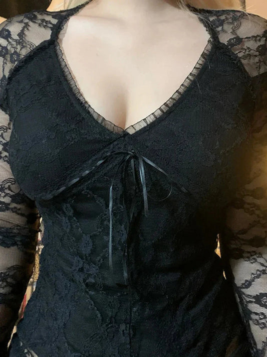 Transparent Lace V-neck Knitted Top