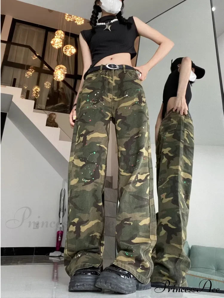 Trendy Hip-Hop Vintage Versatile Work Clothes Loose Splashed Ink Camouflage Wide Leg Jean