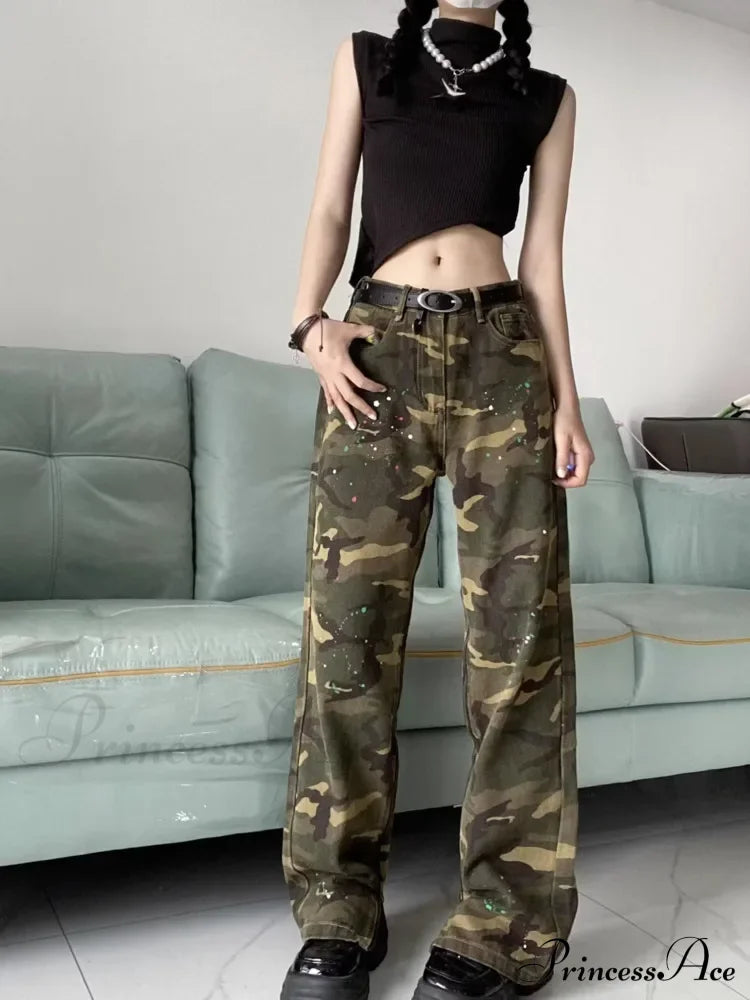 Trendy Hip-Hop Vintage Versatile Work Clothes Loose Splashed Ink Camouflage Wide Leg Jean
