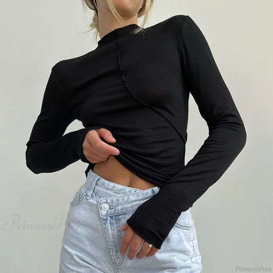 Turtleneck Y2K Long Sleeve Casual Slim Fit Knit Top Black / S knittop-250126