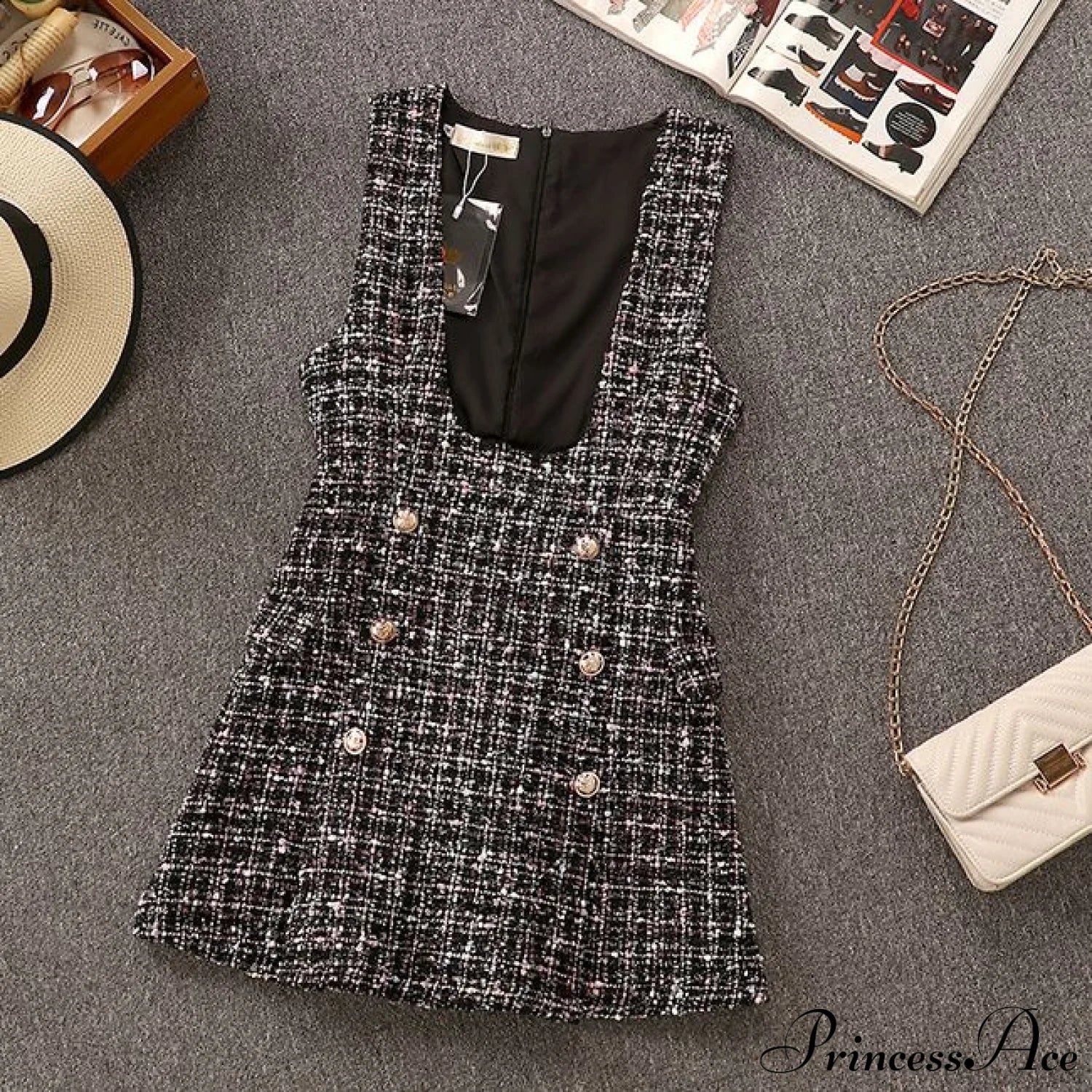 Tweed Elegant Gown Plaid + Chiffon Bow Top Double Breasted Vest Ruffles Blouse Set Dress Only / S