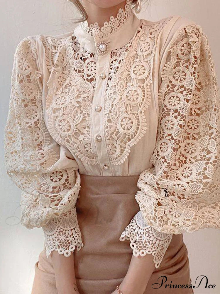 Up Pink Arm Lace Vintage Spliced Button Blouse Women’s Long Casual Top 2-Beige / S