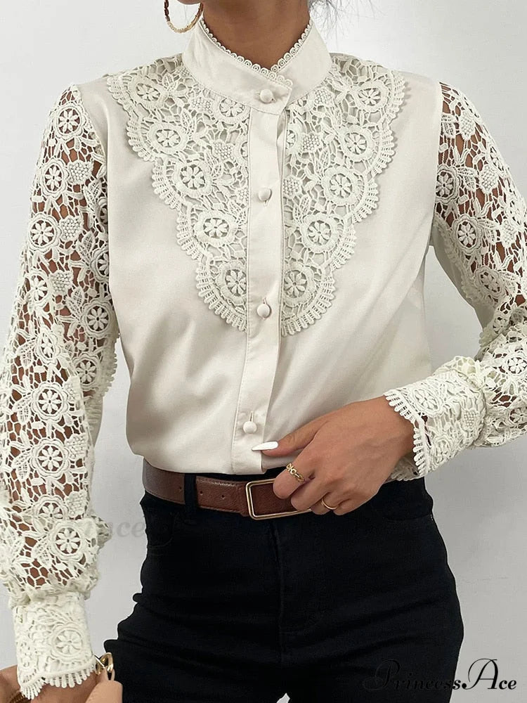 Up Pink Arm Lace Vintage Spliced Button Blouse Women’s Long Casual Top Apricot / S