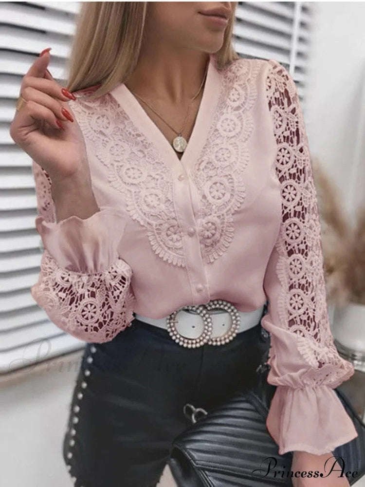 Up Pink Arm Lace Vintage Spliced Button Blouse Women’s Long Casual Top Pink-V / S