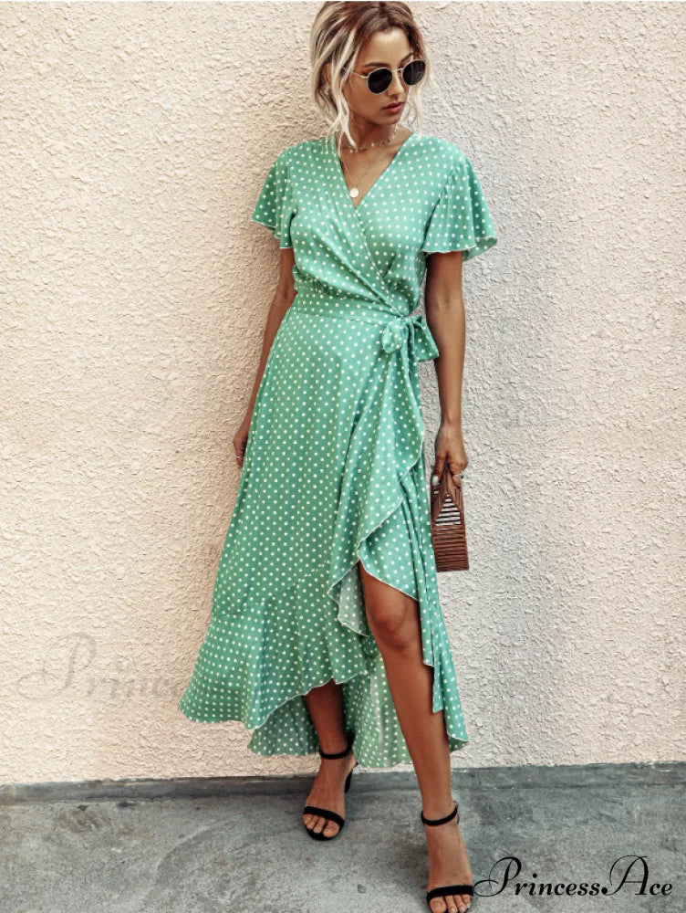 V-Neck Coastal Vacation Dot Polka Short-Sleeved Warm-Season Ruffle For Gown Women L / Black Dresses