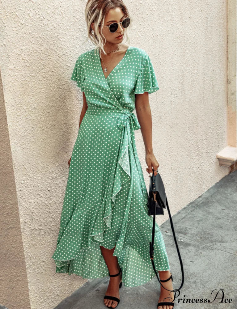 V-Neck Coastal Vacation Dot Polka Short-Sleeved Warm-Season Ruffle For Gown Women L / Green Dresses