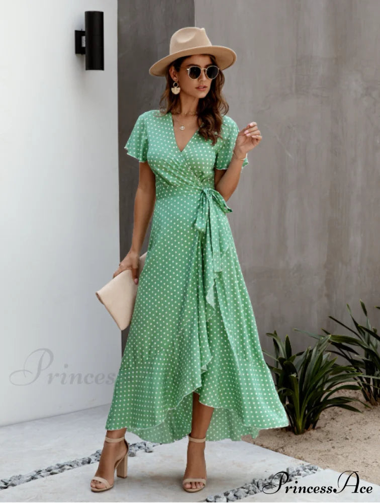 V-Neck Coastal Vacation Dot Polka Short-Sleeved Warm-Season Ruffle For Gown Women L / Yellow Dresses