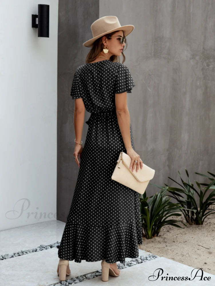 V-Neck Coastal Vacation Dot Polka Short-Sleeved Warm-Season Ruffle For Gown Women M / Green Dresses