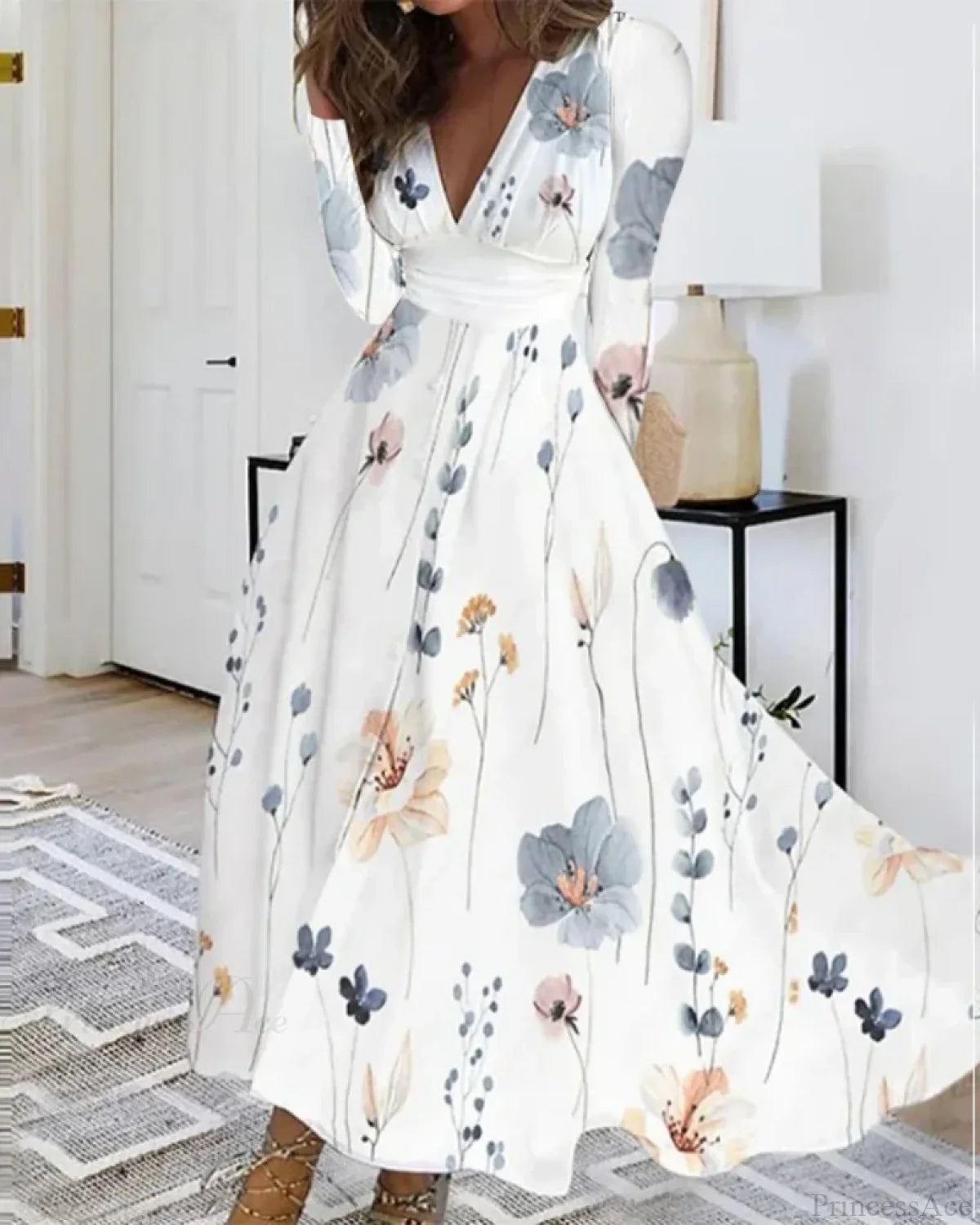 V Neck Floral Maxi Dress GRAY / S oldfloraldress-250126
