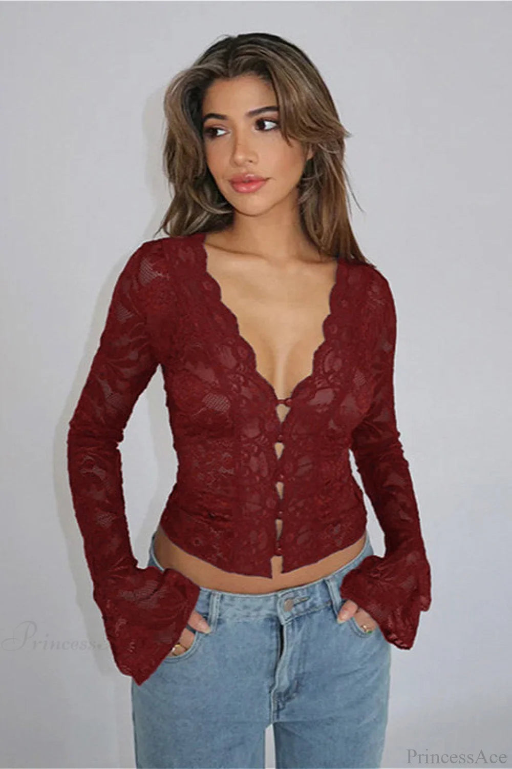 V-Neck Lace Fitted Long Sleeve Tee Burgundy / XS