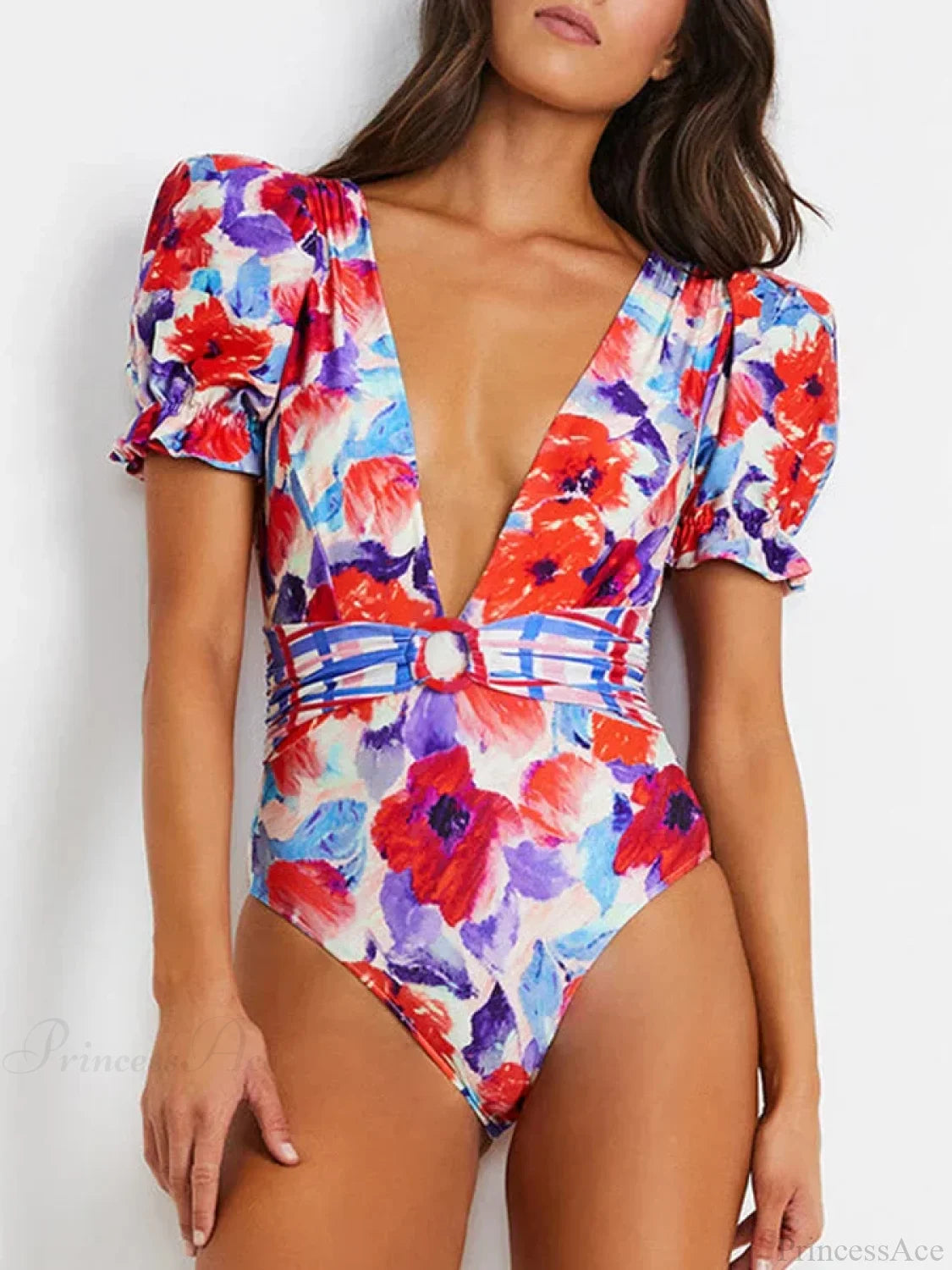 V-neck Printed Bubble Sleeve Swimsuit One Piece onepiece-250223